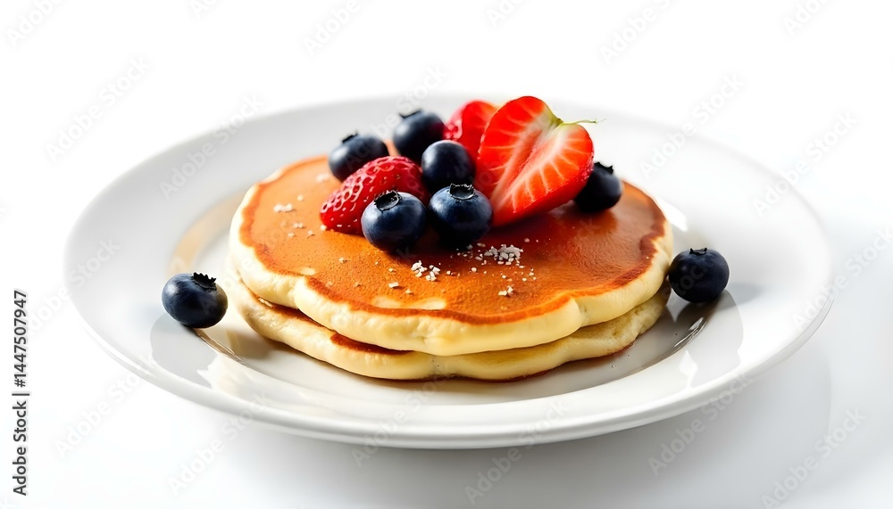 Pancakes with blueberries and strawberries Isolated on white background