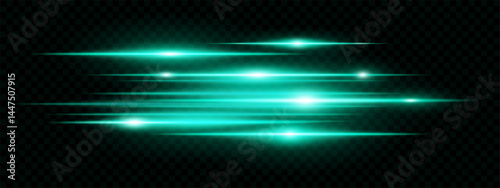 Bright green horizontal neon lens flares isolated on transparent background. Futuristic abstract beams ideal for UI, digital design, sci-fi effects. EPS vector illustration.