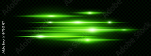 Bright green horizontal neon lens flares isolated on transparent background. Futuristic abstract beams ideal for UI, digital design, sci-fi effects. EPS vector illustration.