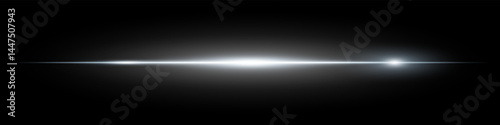 Minimalistic horizontal white lens flare glowing brightly on dark background. Abstract futuristic beam ideal for digital effects, UI, technology visuals. EPS vector illustration.