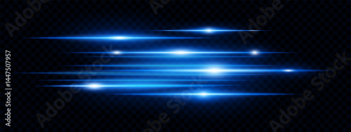 Bright blue horizontal neon lens flares isolated on transparent background. Futuristic abstract beams ideal for UI, digital design, sci-fi effects. EPS vector illustration.