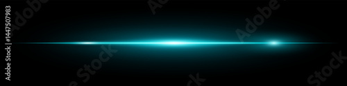 Minimalistic horizontal blue lens flare glowing brightly on dark background. Abstract futuristic beam ideal for digital effects, UI, technology visuals. EPS vector illustration.