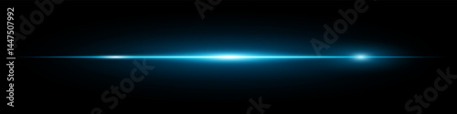 Minimalistic horizontal blue lens flare glowing brightly on dark background. Abstract futuristic beam ideal for digital effects, UI, technology visuals. EPS vector illustration.