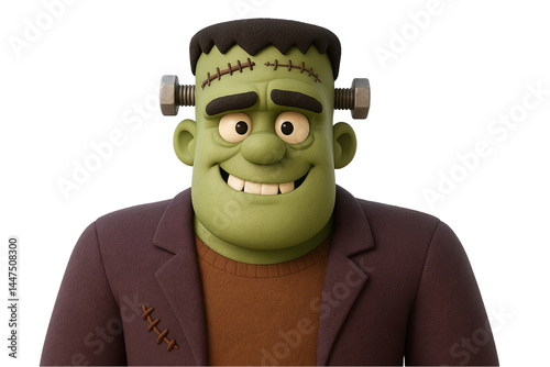 Png 3d cartoon frankenstein monster with smiling expression isolated on transparent background. concept of halloween decor, spooky fun, monster character illustration.