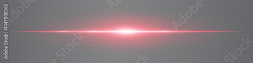 Horizontal subtle red lens flare isolated on transparent background. Minimalistic glowing beam ideal for UI, digital effects, and tech visuals. EPS vector illustration.