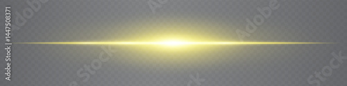 Minimalistic horizontal yellow lens flare glowing gently on transparent background. Sleek beam ideal for digital designs, UI elements, and futuristic visuals. EPS vector illustration.