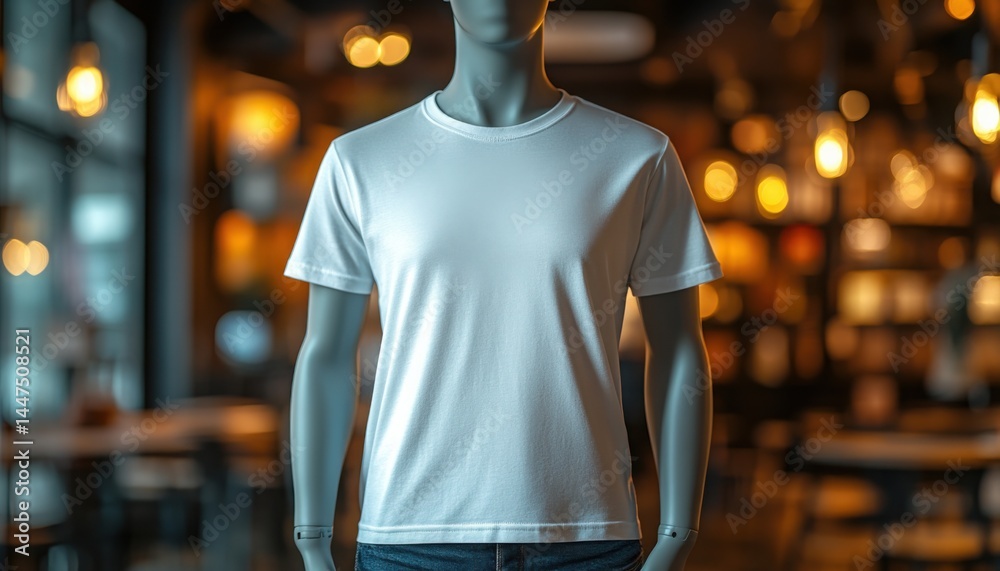 Obraz premium Stylish blank white t shirt on mannequin showcased in warm inviting cafe setting with soft lighting