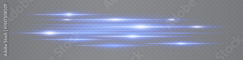 Set of dynamic blue neon lens flare streaks glowing on transparent background. Futuristic abstract beams ideal for tech visuals, digital interfaces. EPS vector illustration.