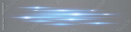 Set of dynamic blue neon lens flare streaks glowing on transparent background. Futuristic abstract beams ideal for tech visuals, digital interfaces. EPS vector illustration.