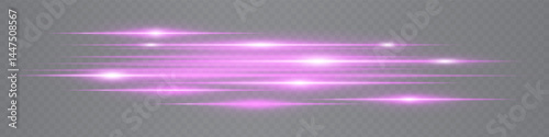 Set of dynamic pink neon lens flare streaks glowing on transparent background. Futuristic abstract beams ideal for tech visuals, digital interfaces. EPS vector illustration.