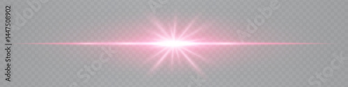 Bright horizontal red lens flare with star-shaped glow isolated on transparent background. Futuristic vibrant beam ideal for UI design, special effects, digital visuals. EPS vector illustration.