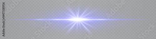 Bright horizontal blue lens flare with star-shaped glow isolated on transparent background. Futuristic vibrant beam ideal for UI design, special effects, digital visuals. EPS vector illustration.