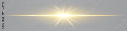Yellow horizontal lens flare with star-shaped glow on transparent background. Futuristic sleek beam ideal for digital designs, UI elements, sci-fi visuals. EPS vector illustration.