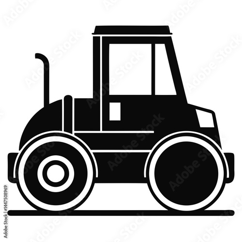 Black and white road roller construction vehicle asphalt compactor machinery equipment illustration vector image isolated on transparent background