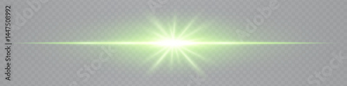 Green horizontal lens flare with star-shaped glow on transparent background. Futuristic sleek beam ideal for digital designs, UI elements, sci-fi visuals. EPS vector illustration.