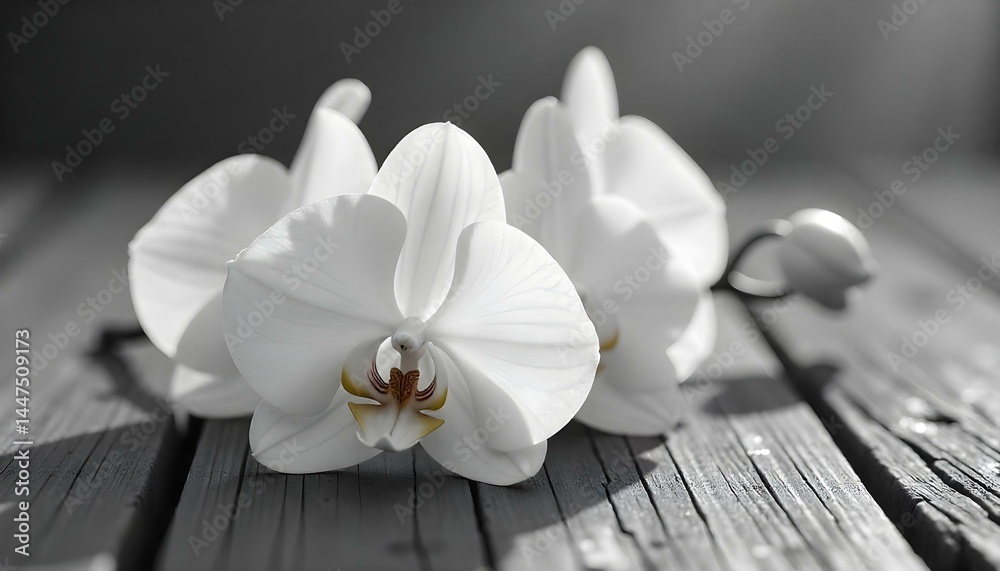 Fototapeta premium close up view of white orchid flowers isolated on grey