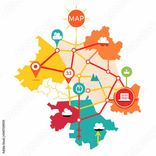 Colorful map with routes, icons, and landmarks for navigation  