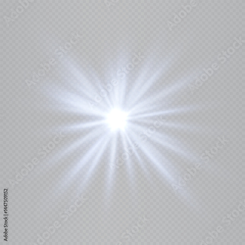 Bright blue star-shaped lens flare isolated on transparent background. Dynamic glow ideal for special effects, digital designs, sci-fi visuals. EPS vector illustration.
