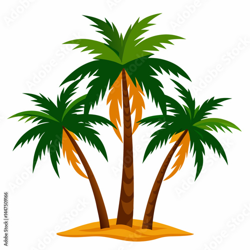 Group of palm trees with green leaves on sandy beach island  