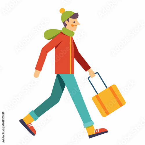 Young man walking with luggage, dressed in colorful winter outfit  