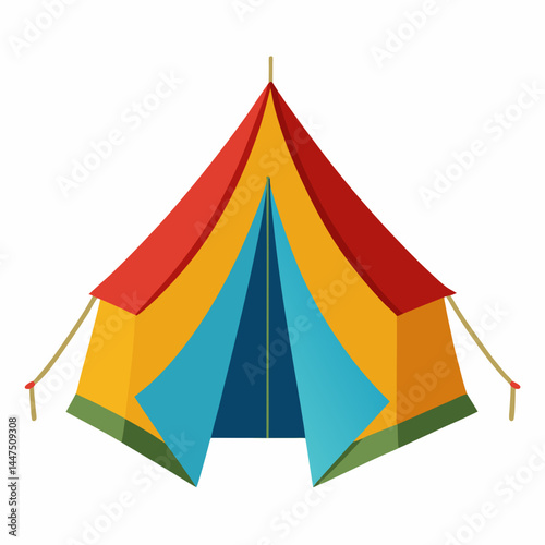 Colorful camping tent with open flaps against a white background  