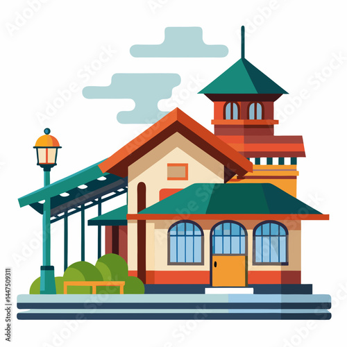 Colorful train station building with clock tower and greenery  