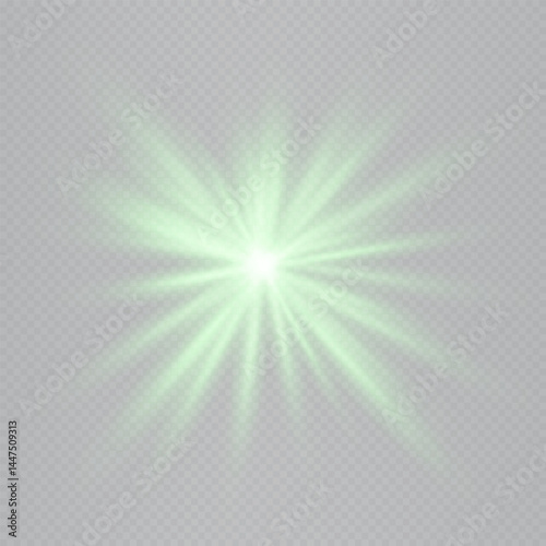 Bright green star-shaped lens flare isolated on transparent background. Dynamic glow ideal for special effects, digital designs, sci-fi visuals. EPS vector illustration.