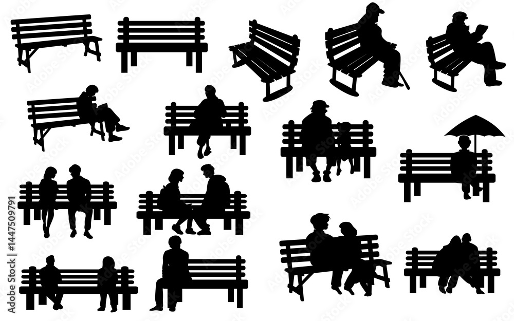 Obraz premium park bench silhouettes with people clipart hand drawn design