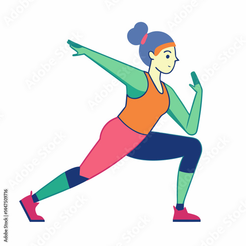 Woman performing lunges in a colorful fitness outfit  