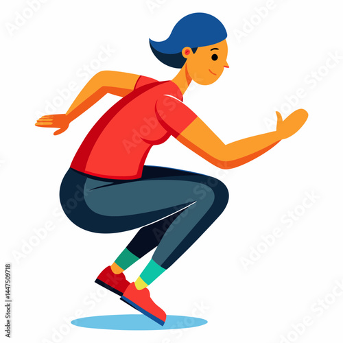 Energetic woman jumping in squatting position against white background  