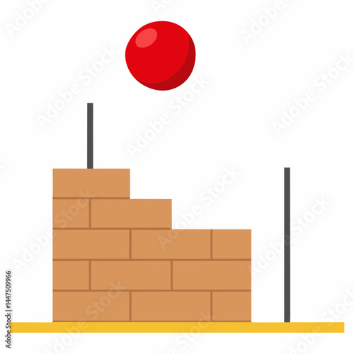 Red ball bouncing above brick wall structure  