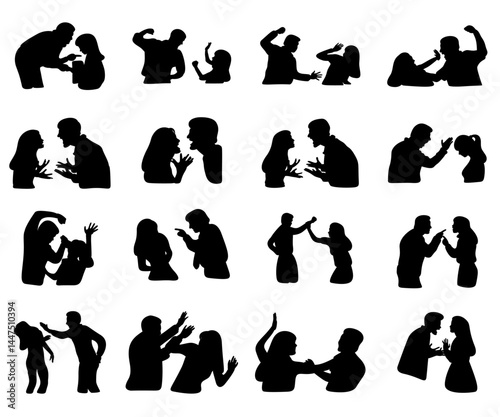 set of people arguing silhouette hand drawn vector