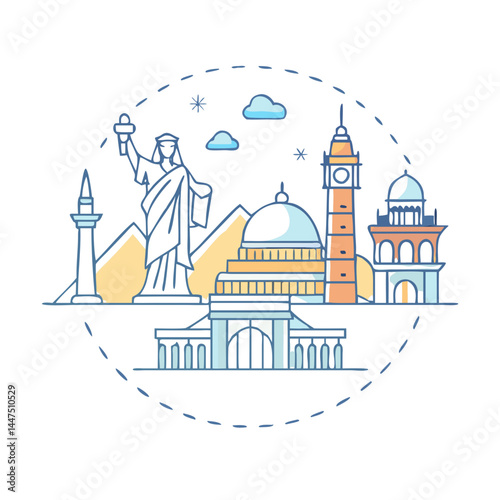 World Landmarks Illustrated Travel Destinations Famous Monuments Global Architecture Iconic Structures Famous Buildings Cityscapes