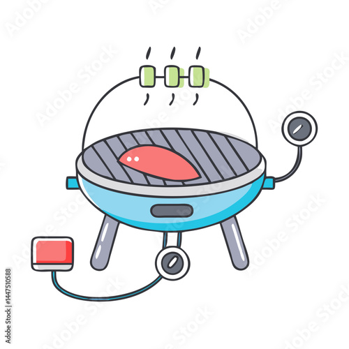 Electric Grill Cooking a Piece of Meat Outdoors on a Summer Day