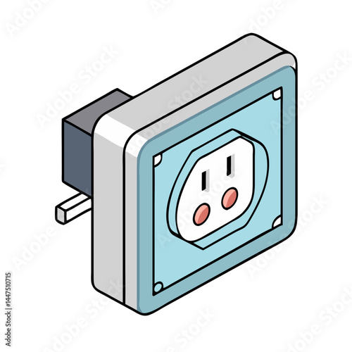 Isometric Illustration of a UK ThreePin Plug Adapter for Electrical Outlets