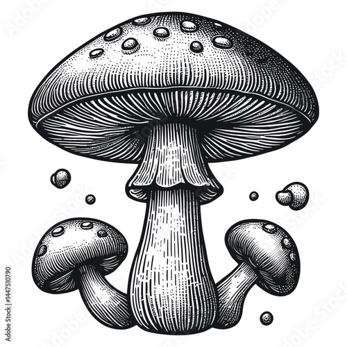 Detailed Mushroom Illustration Fungi Artwork in Black and White