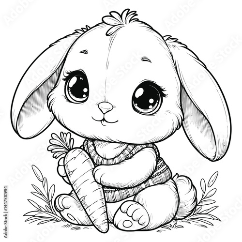 Cute Rabbit Hugging Carrot Black and White Line Art