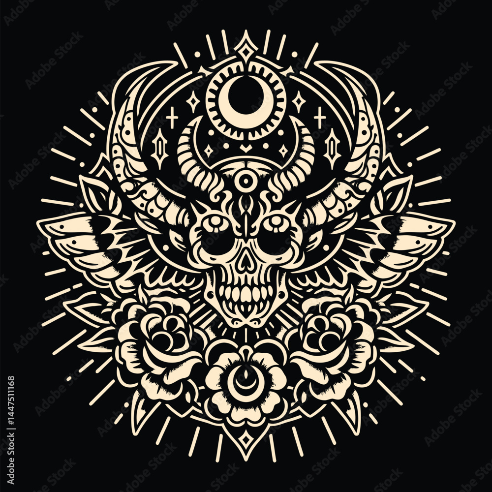 Fototapeta premium Skull and Roses Illustration with Moon and Stars on Black Background