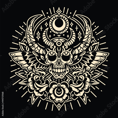 Skull and Roses Illustration with Moon and Stars on Black Background