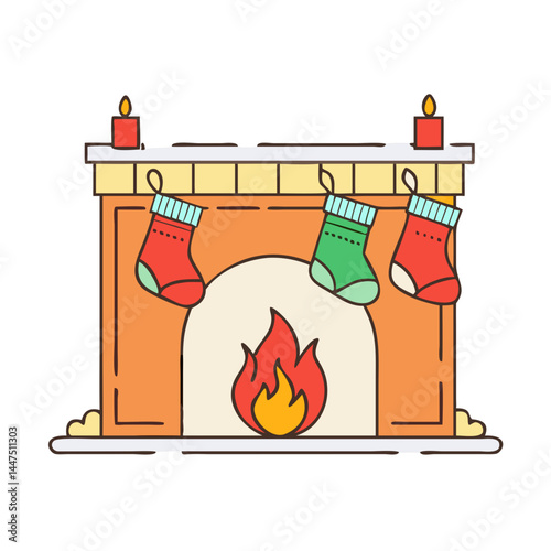 Christmas Fireplace with Hanging Stockings and Burning Fire