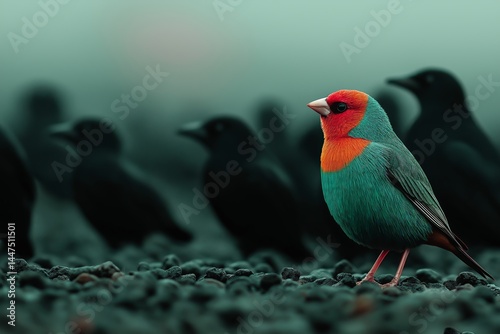 Gouldian Finch Surrounded by Crows