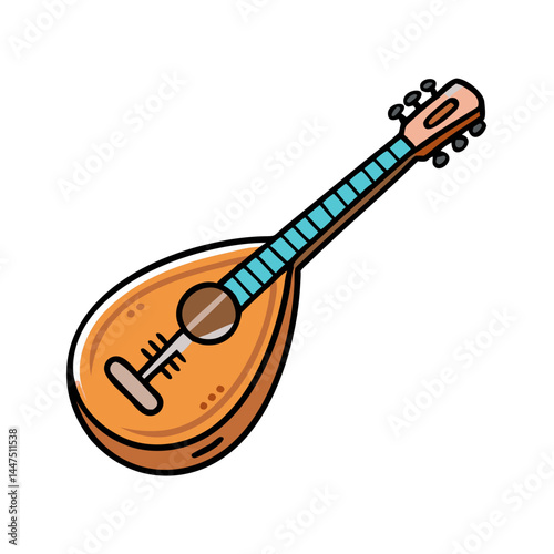 Illustration of a Mandolin Musical Instrument with Teal Stripes and Orange Body