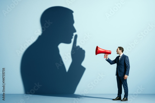 Businessman holding megaphone casting shadow making silence gesture on light blue abstract background as conceptual metaphor for inner conflict. photo
