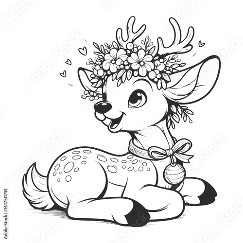 Lying Deer with Flower Crown and Ornament Coloring Page