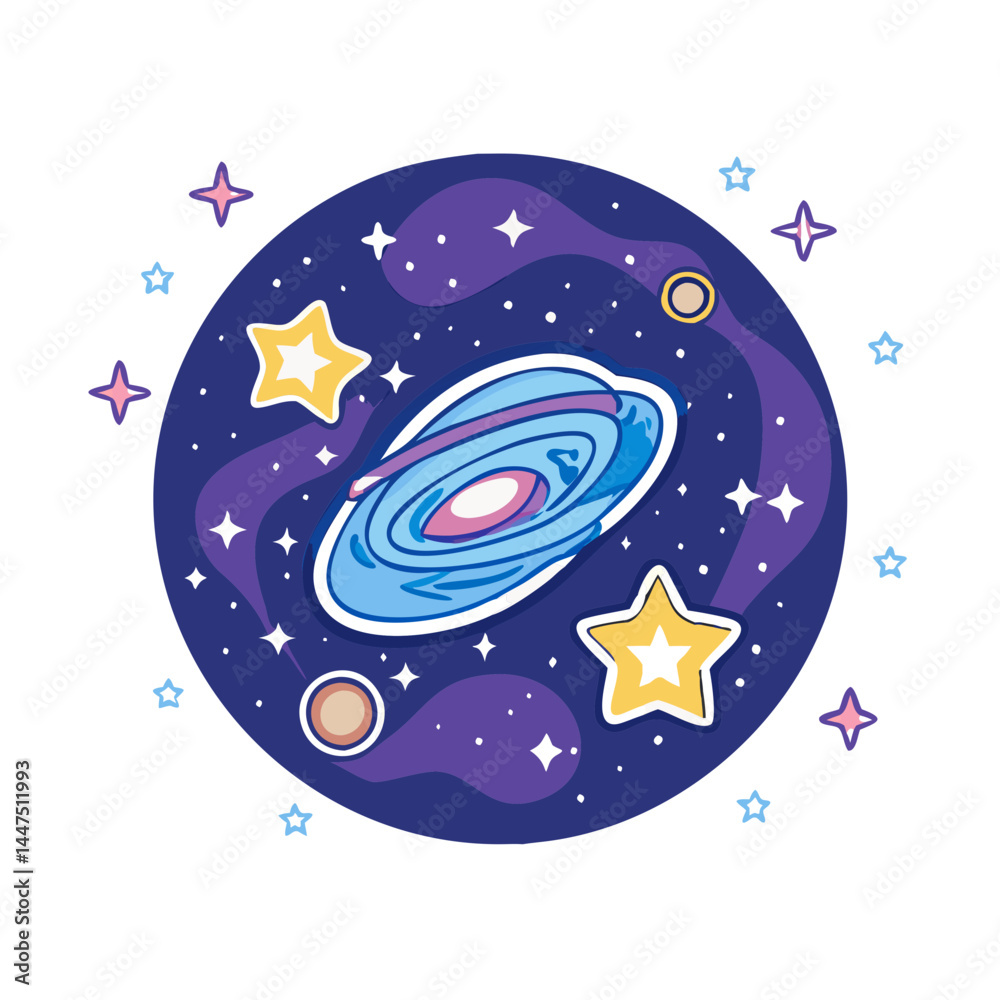 Fototapeta premium Whimsical Galaxy Illustration Featuring Stars Planets and Spiral Nebula