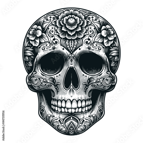 Detailed Floral Skull Art Black and White Illustration
