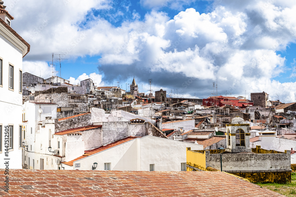 View over Elvas in Portugal with its typical Portuguese buildings and cobblestone streets