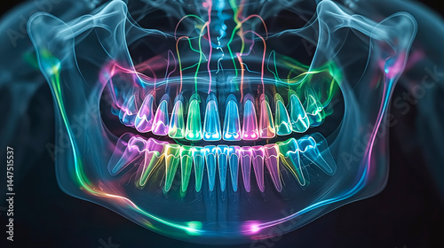 Illustration of a dental X-ray anatomy infused with vibrant neon accents. Human jaw and teeth structure, rendered in glowing neon shades of electric blue, hot pink, and acid green