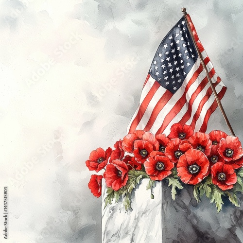 Red poppies bloom beside the American flag at a memorial site honoring veterans in the springtime sunlight