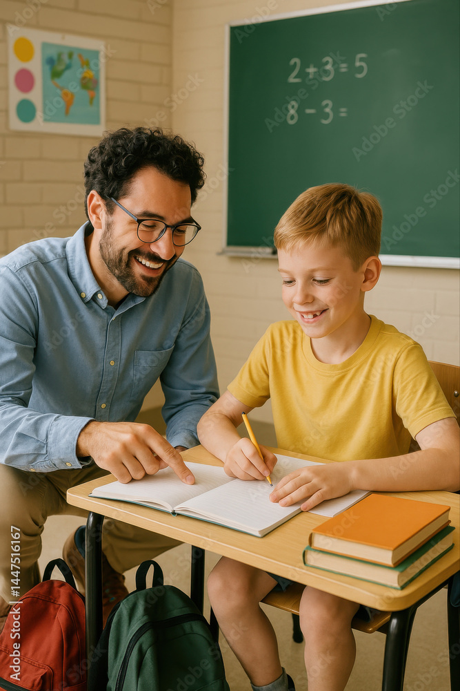 Soutien scolaire individuel entre élève et enseignant dans une salle de classe chaleureuse Soutien scolaire individuel entre élève et enseignant dans une salle de classe chaleureuse